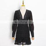 TWOTWINSTYLE Patchwork Ruffle Dress For Women V Neck Lantern Sleeve Hollow Out Elegant White Dresses thumbnail-1