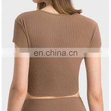 Summer Breathable Women Fitness Gym Yoga Wear Ribbed Short Sleeve V Neck Crop Top Ladies Workout Sports Training T Shirt Apparel thumbnail-3