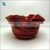 Hand Blown Ruffled Top Red With Black Swirl Colored Glass Vase