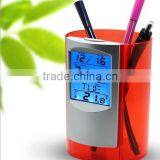 2015 New Color Changing Table Clock With LCD Calendar Clock Pen Holder