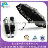 Black Gent's Ivy Printed 3-fold Automatic Open and Close With Long Leather-wrapped Handle