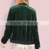 Women Smooth Velvet Bomber Jacket Hunter Green Zip Up Coat With Ribbed Cuff And Collar thumbnail-2