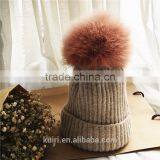 Real Fur Pompom Winter Hats For Women Cashmere Wool Knit Beanie Cap Turkey Fur Pom Bobble Hat 2016 thumbnail-5