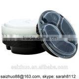 3-compartment Round Black Plastic Microwave Food Container With Clear Lid