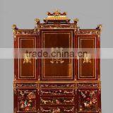 Antique Hand Carved Classic Curio Cupboard Inlaied Seasell Mosaic, Gold Gilding Wooden Display Cabinets With Flowers Paint Motif thumbnail-1