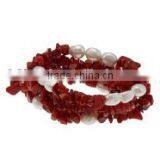 Wholesale 7" 5-row Stretch Style 7mm Red Coral Gemstone Chip Bracelets With 7mm Baroque White Pearls thumbnail-1