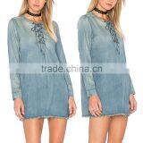 Fashion Ladies Raw Cut Frayed Hem Denim Jeans Fabric Girls Mini Dress With Front Lace-Up Details With Details 2016 HSD5819 thumbnail-1