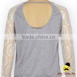 2017 Spring Cheap Adult Lady Transparent Lace Floral Long Sleeve Plain Gray Breathable Cotton Raglan Casual Shirt thumbnail-1