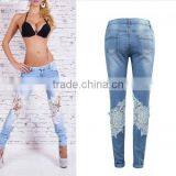 High Waist Girls Jeans Hollow Lace Patchwork Light Blue New Women Sex Pants thumbnail-3