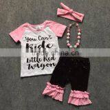 Girls Fashion Spring/Summer Design Short Sleeves Pink Black Shirt Pink Ruffle Capris With Matching Headband and Necklace Set thumbnail-1