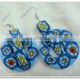 Blue Round Polymer Clay Earring With Flower thumbnail-1