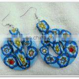 blue round polymer clay earring with flower