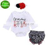 "Grandama Was Here" 2019 Long Sleeved White Baby Letter Print Rompers & Bloomers & Headband 3pc Set