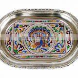 ROYAL PEACOCK DESIGNED STAINLESS STEEL MEENAKARI DECORATIVE TRAY - RP-1 SILVER (8.35" x 12.50" x 0.87" INCHES) thumbnail-1