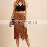 Latest Long Skirt Design Suede Fringe Trim Bodycon Skirt Ladies Designer Suits Skirt thumbnail-4
