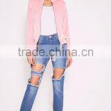Custom Design Women Baseball Zip Up Bomber Baby Pink Plain Velvet Bomber Jacket Outwear thumbnail-6