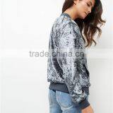 Women Fitness Shiny Velvet Bomber Jacket Ribbed Trim Zip Up Coat With Pocket Sides Outwear thumbnail-4