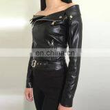 Instyle Women Pu Leather Jacket Wholesale Off Shoulder Leather Coat With Zipper thumbnail-3
