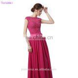 Rose Red Bridesmaid Dresses Lace Applique With Cap Sleeves High Neck Floor Length Chiffon Long Brides Maid Dress Vestidos De thumbnail-2