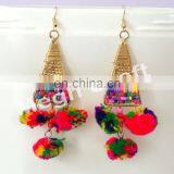 Pom Pom Earrings - Lantern Dangle Bohemian Boho Pom Pom Earrings - Gypsy Wood Pom Pom Earrings thumbnail-2