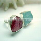 Ruby & Aquamarine Rough Natural Gemstones Rings, Matt Finish Adjustable Rings, 925 Solid Sterling Silver Rings thumbnail-4