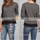 Plain pattern fashion grey mix 100% cotton fleece sweatshirt with lace bottom