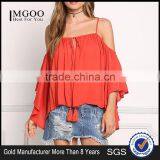 MGOO 2017 New Style Beach Casual Linen Red Blouses Viscose Tie Up Tunic Loose Style Fashion Off Shoulders thumbnail-1