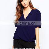 New Fashion Design Lady Blouse Woven Fabric V-neck Short Sleeve Woman Blouse thumbnail-2