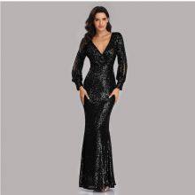 Womens Sexy Long Sleeve V Neck Embroidered Shining Sequins Evening Maxi Dress thumbnail-3