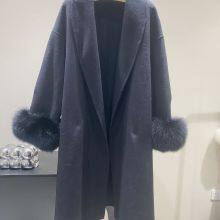 Casaco de lã feminino do mesmo estilo de Zhou Miao para outono/inverno, estilo sofisticado, casaco de lã de comprimento médio com peles de raposa nos punhos, estilo francês thumbnail-2