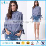 Round Neck Long Sleeve Blue White Stripe Blouse Womens Design With Bowknot at Cuff thumbnail-1