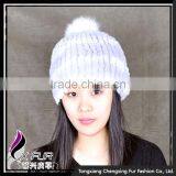 CX-C-58E Girls Fashion Wholesale Rex Rabbit Knitted Fur Hats Caps With Fur Ball thumbnail-6