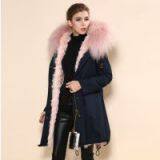 Winter Navy Blue Shell and Pink Fur Lining Big Fur Collar Coat Real Wool Coat