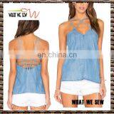 sleeveless 100% cotton women tank tops four belt bule denim vest manufacturer from China