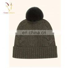 Cashmere 100% Cable Knit Beanie Hat Pom Pom Girl Hat Wholesale thumbnail-2