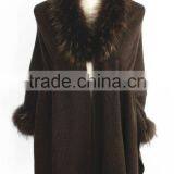 Lady's Acrylic Knitted Winter Poncho Cape Wrap with genuine fox fur