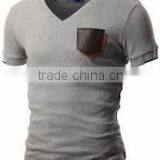 Mens V-Neck T-shirts With Contrast Leather Pocket thumbnail-1
