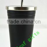 Tumbler, travel mug, vacuum double wall, stainless steel with straw