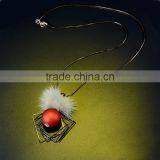 Chunky Ball Metal Square Pendant Necklace Winter Mink Fur Ball Pendant Necklace Geometric Sweater Necklace thumbnail-4