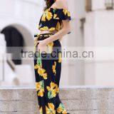 Floral Printed Cold Shoulder Ruffle Crop Top and Palazzo Pants Two Piece Sets thumbnail-3