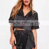 MGOO Embroidered Satin Pajama Set Black Satin Applique Detail Pyjama Set Crop Short Sleeve Button Top With Shorts thumbnail-4