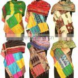 Vintage Patchwork Kantha Silk Sari Scarf Shawl Dupatta Neck Wrap Indian Handmade Stitch Kantha Scarf Silk Sari Stole Women Shawl thumbnail-3