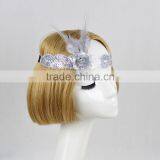 Halloween/Christmas Custom White Flapper Sequin Elastic Feather & Flower Headband thumbnail-1