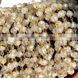 10 Feet Mystic Pearl Quartz Rosary Style Beaded Chain, Gold Plated Wire Wrapped Chain, Handmade Beaded Chain, Linked Chain thumbnail-1