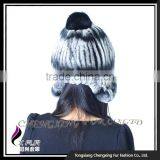 CX-C-116H Hand Knitted Beanie With Fur Ball Stock Rex Rabbit Fur Ladies Hats thumbnail-2