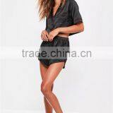 MGOO Embroidered Satin Pajama Set Black Satin Applique Detail Pyjama Set Crop Short Sleeve Button Top With Shorts thumbnail-3