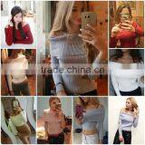 off Shoulder Elastic Spring Sweater Women Short Gray Lapel Pullover Sexy White Jumpers Autumn Knitwear Top thumbnail-5