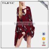 2017 Deep-v Floral Printed Loose Long Sleeve Sexy Chiffon Dress for Lady thumbnail-2