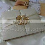 Ivory Silk Wedding Invitation Card With Rhinestone Brooch and Ribbon thumbnail-1