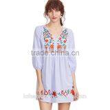 2017 Summer Women Clothing Factory Embroidered Blue Striped V Neck Button Front Lantern Sleeve Boho Dress thumbnail-4